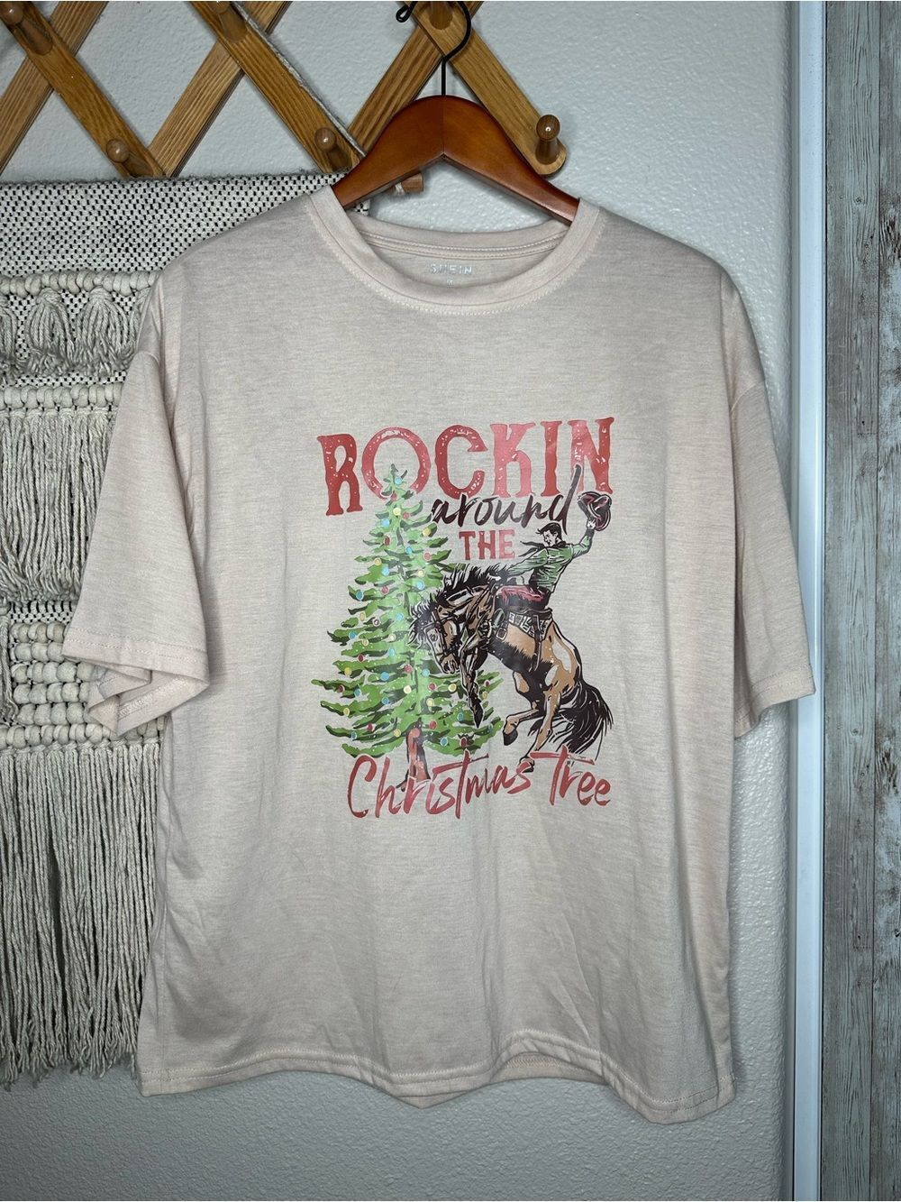 SHEIN Light Beige 'Rockin Around The Christmas Tree' Graphic Tee